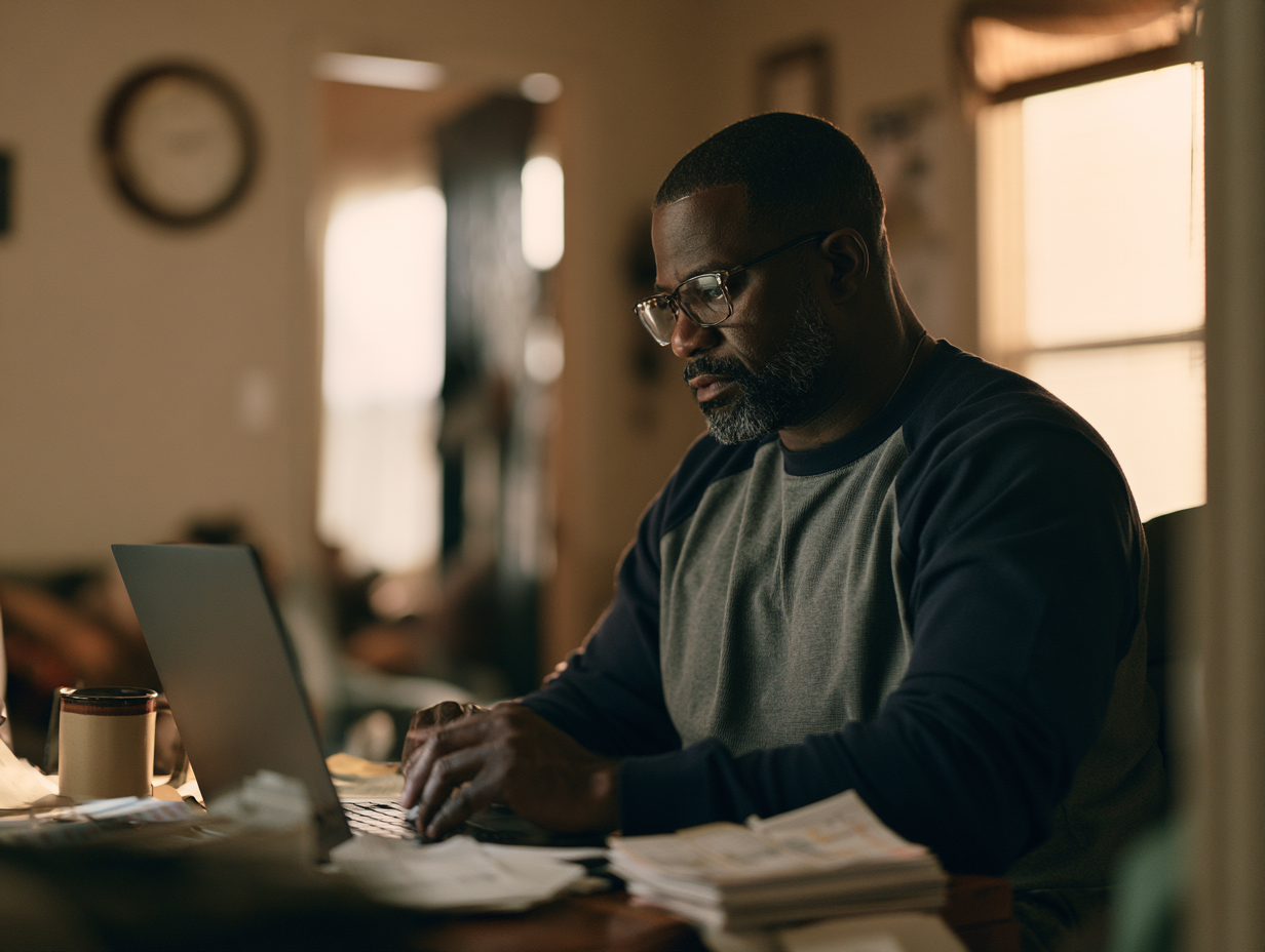Carrier owner reviewing load records on a laptop at home with organized invoice paperwork beside him