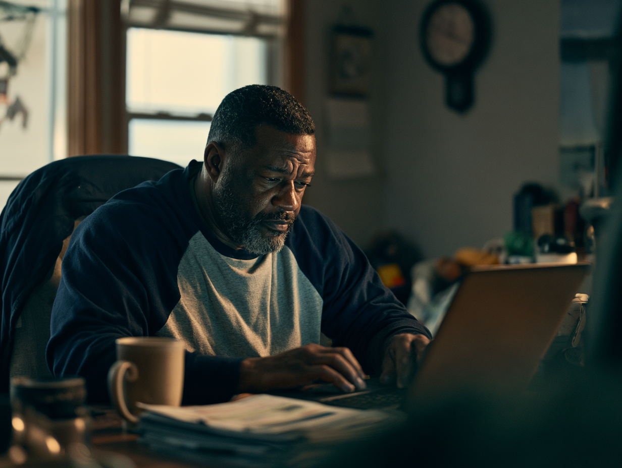 Carrier owner working at a kitchen table late at night, laptop open beside a stack of load paperwork and a coffee mug