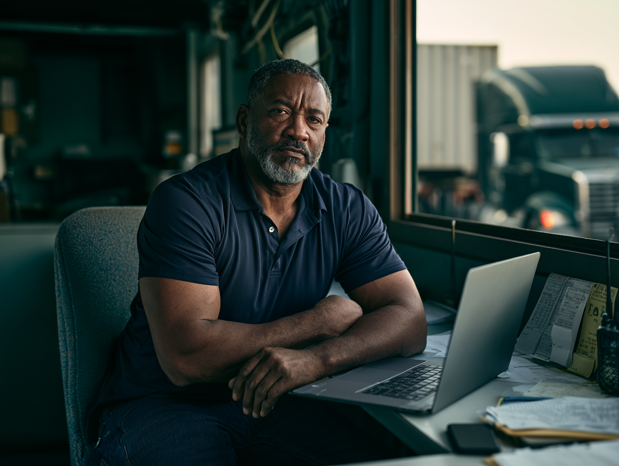 Drayage fleet owner at his yard office desk with a laptop and paperwork, a container chassis visible through the window