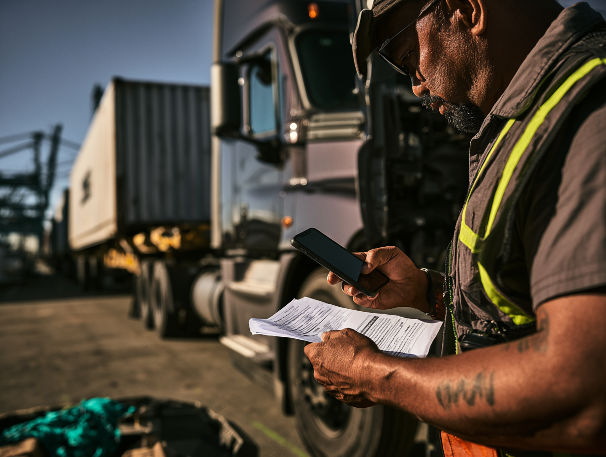 Driver in a safety vest photographing container paperwork with his phone next to his truck at the port